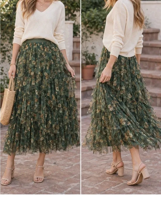 Green Floral Tulle Skirt Tiered Midi/ Boho Cottagecore Romantic Skirt - Picture 2 of 7
